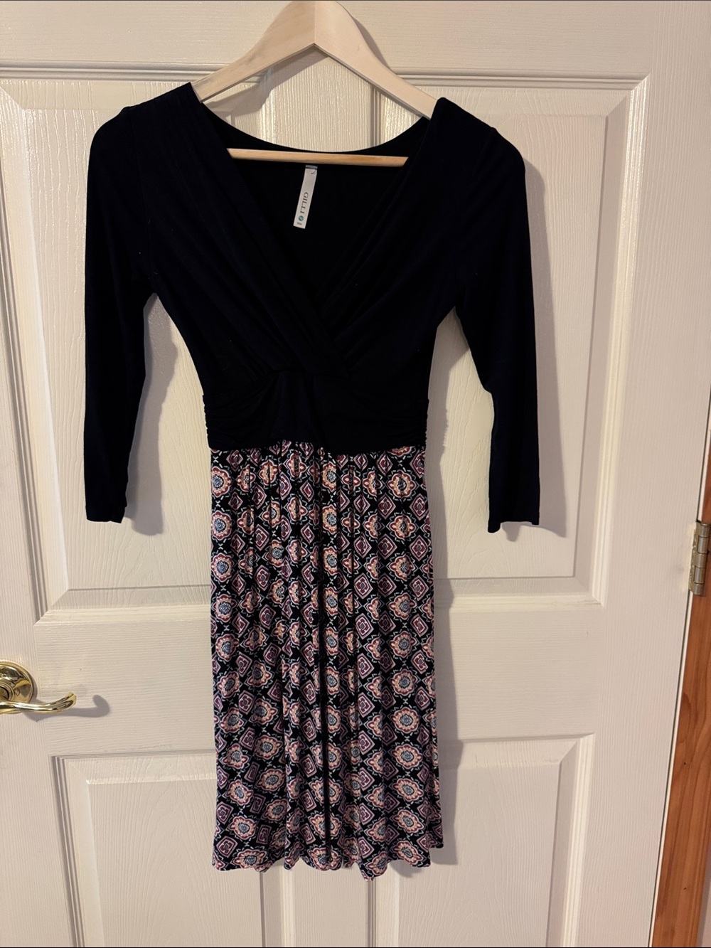 Gilli Black Wrap-Top Long Sleeve Dress with Patterned Skirt